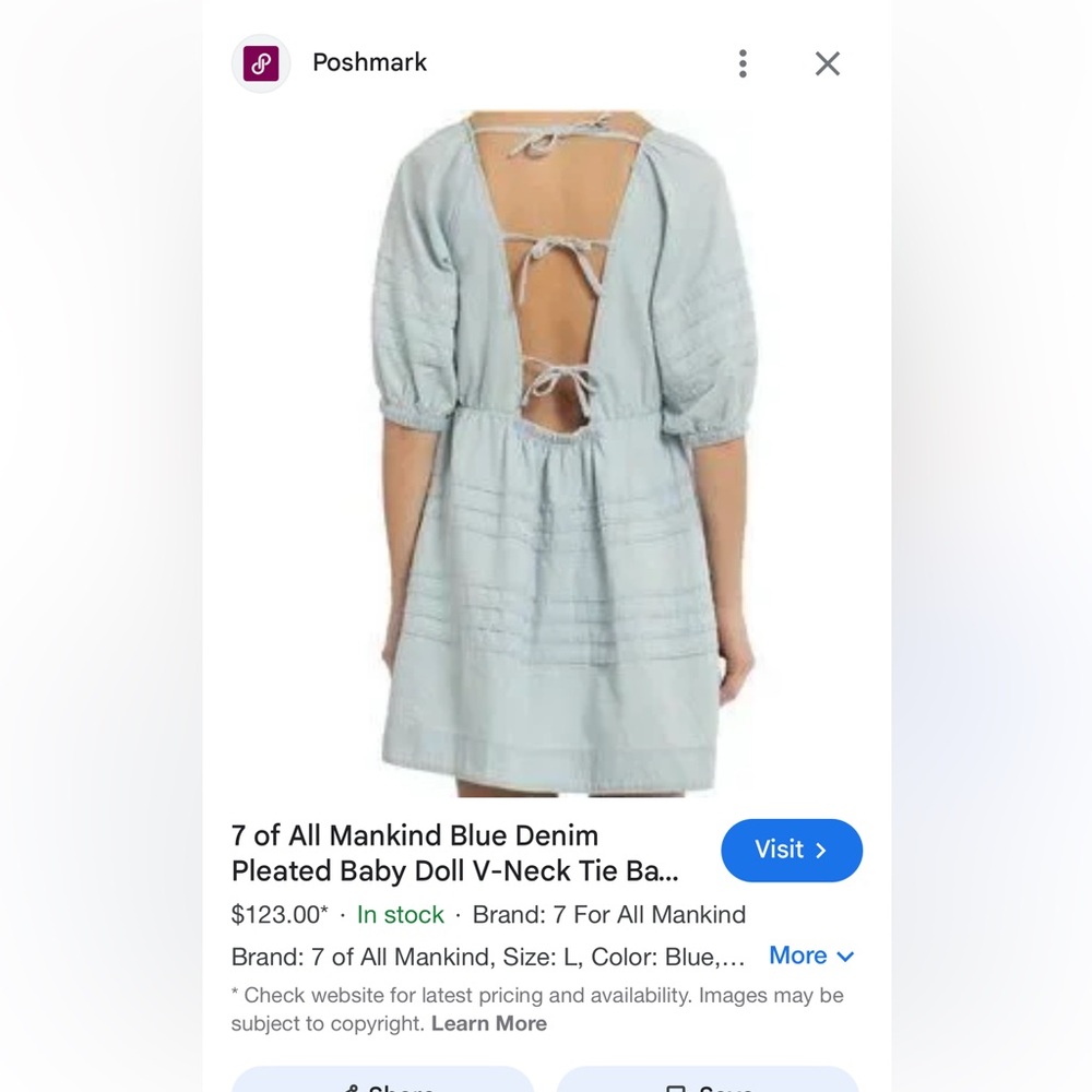 7 of All Mankind Blue Denim Pleated Baby Doll V-Neck Tie Back Mini Dress Size s